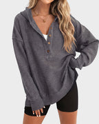 Women's ribbed hooded sweatshirt with button placket and long sleeves