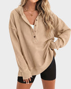 Women's ribbed hooded sweatshirt with button placket and long sleeves