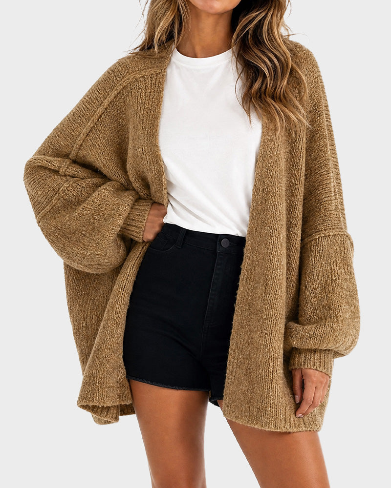 Women's oversized textured knit cardigan with open front and lantern sleeves