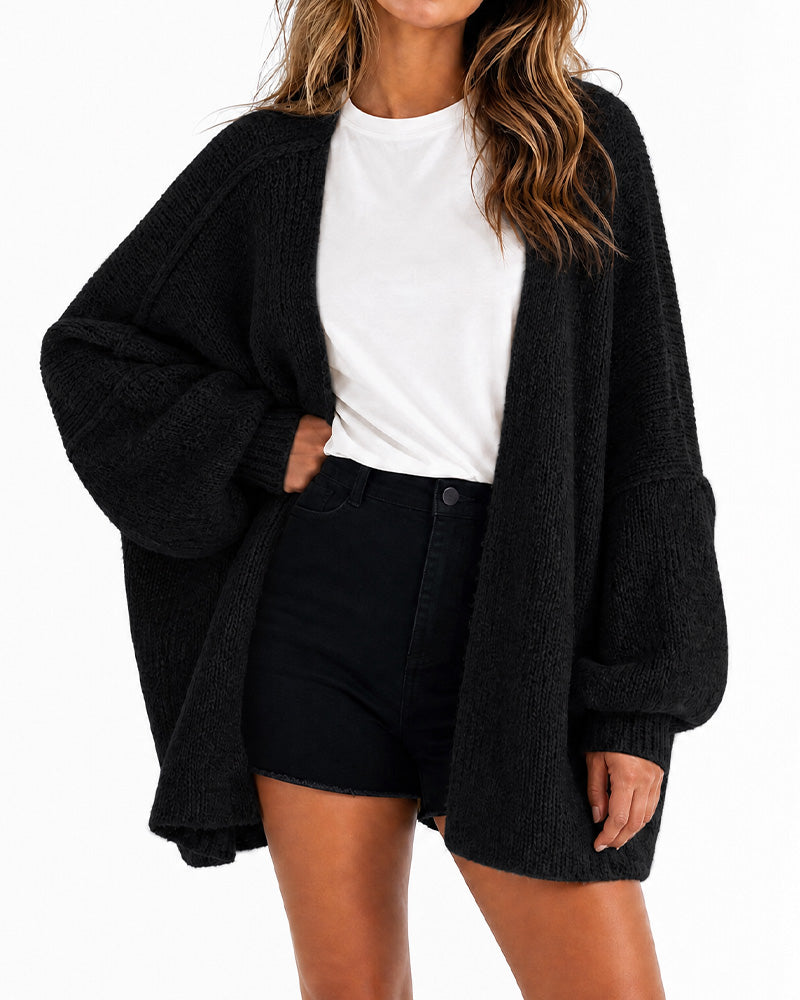 Women's oversized textured knit cardigan with open front and lantern sleeves