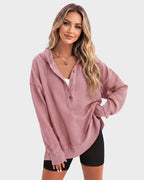 Women's ribbed hooded sweatshirt with button placket and long sleeves