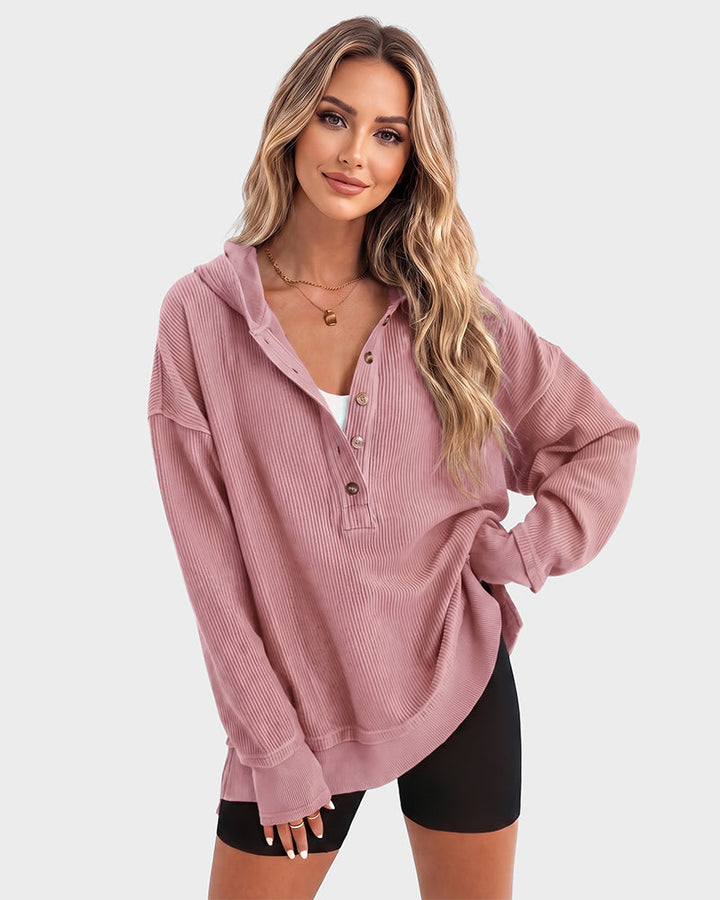Women's ribbed hooded sweatshirt with button placket and long sleeves