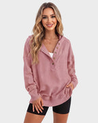 Women's ribbed hooded sweatshirt with button placket and long sleeves