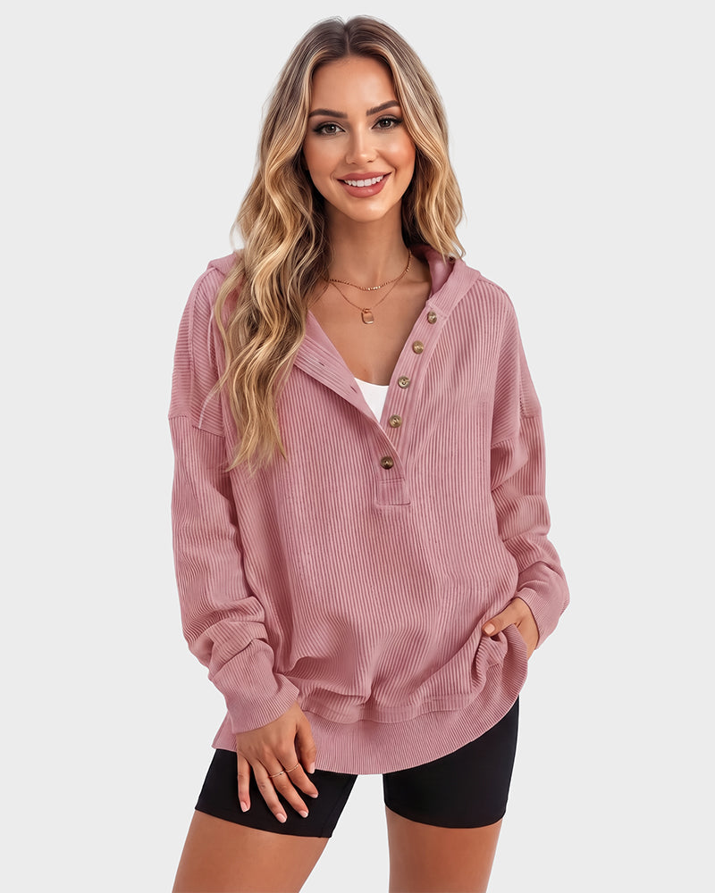 Women's ribbed hooded sweatshirt with button placket and long sleeves