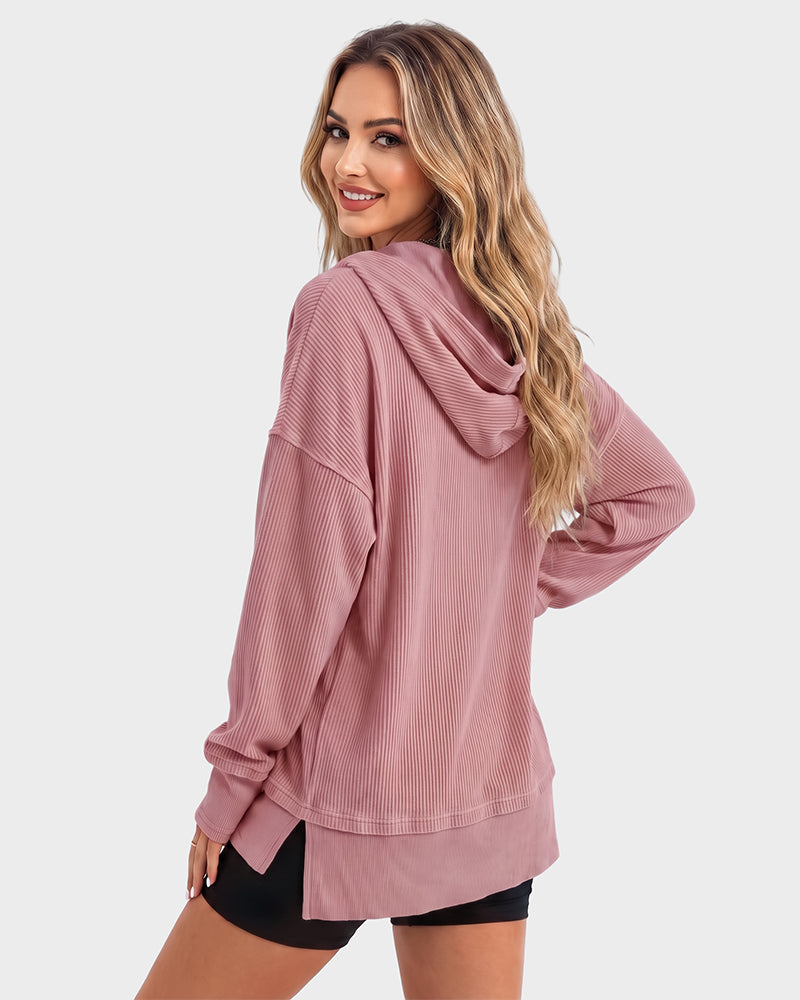 Women's ribbed hooded sweatshirt with button placket and long sleeves