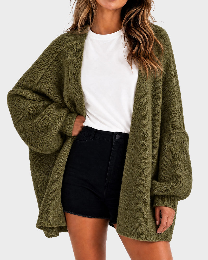Women's oversized textured knit cardigan with open front and lantern sleeves