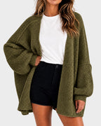 Women's oversized textured knit cardigan with open front and lantern sleeves
