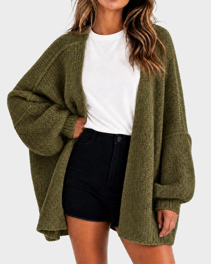 Women's oversized textured knit cardigan with open front and lantern sleeves