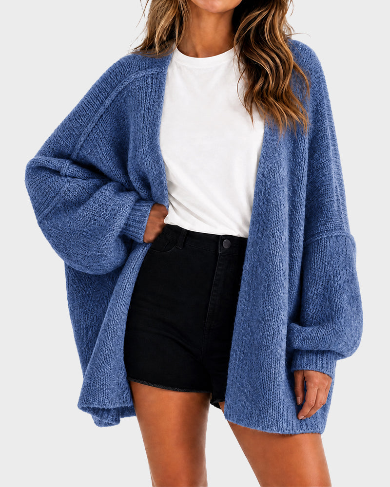 Women's oversized textured knit cardigan with open front and lantern sleeves