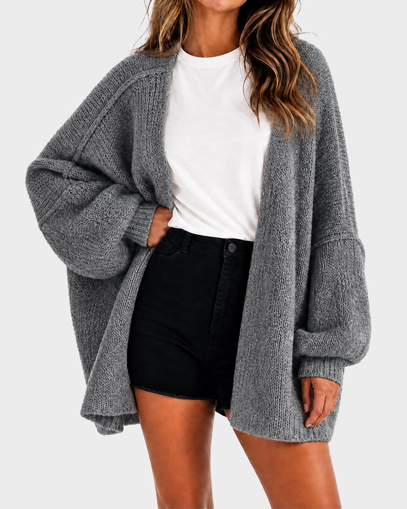 Women's oversized textured knit cardigan with open front and lantern sleeves