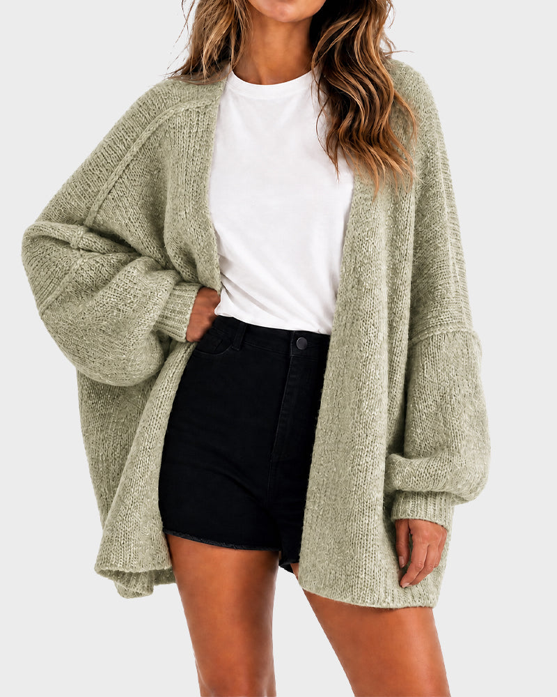 Women's oversized textured knit cardigan with open front and lantern sleeves