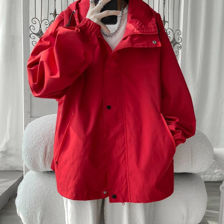 Women's oversized hooded windbreaker jacket with snap front and zip pockets