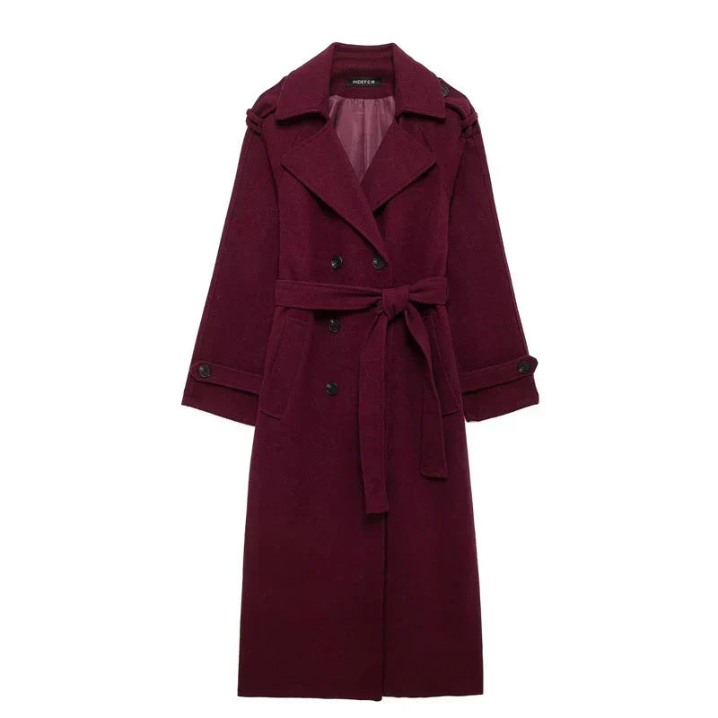 Women's burgundy double-breasted trench coat with belt and long sleeves