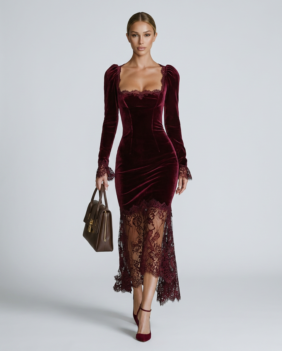 Women's Velvet Lace Fitted Maxi Dress