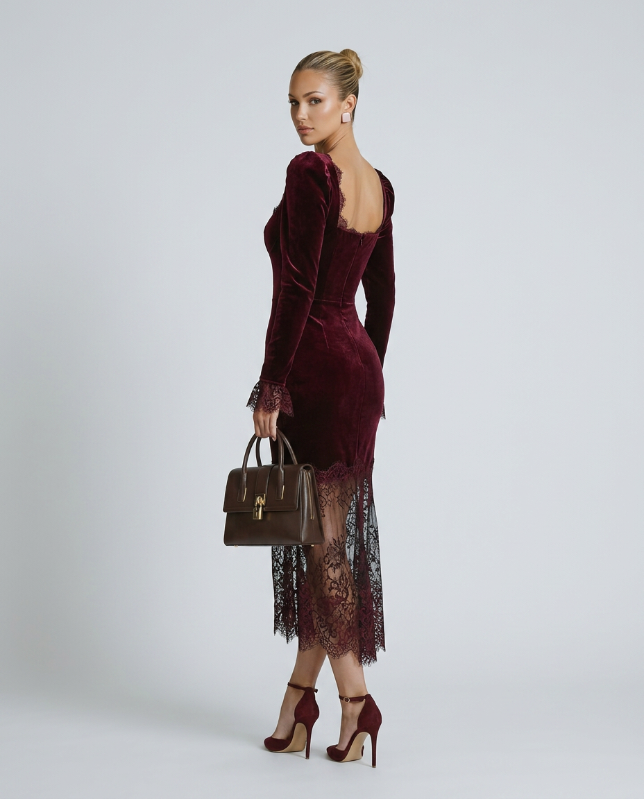 Women's Velvet Lace Fitted Maxi Dress