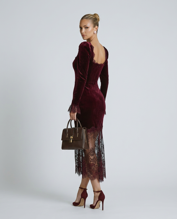 Women's Velvet Lace Fitted Maxi Dress