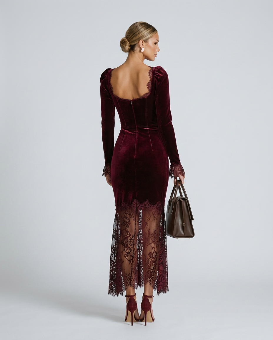 Women's Velvet Lace Fitted Maxi Dress