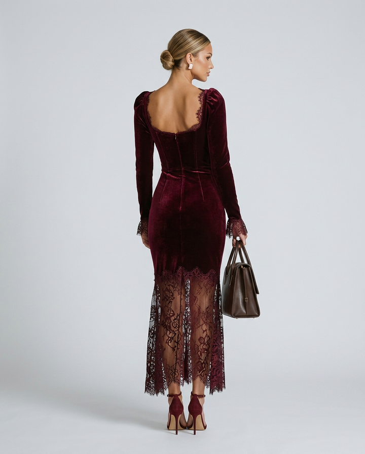 Women's Velvet Lace Fitted Maxi Dress