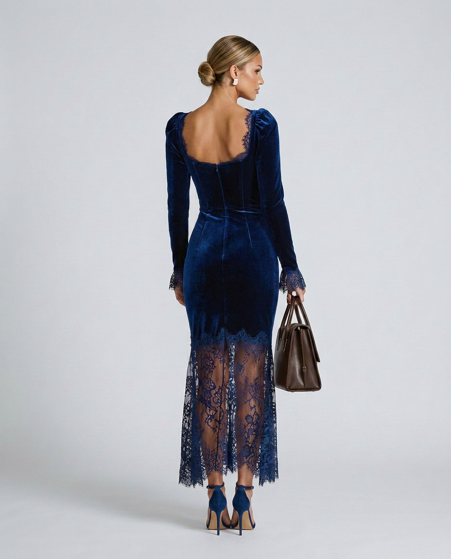 Women's Velvet Lace Fitted Maxi Dress