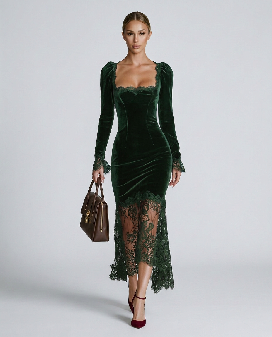 Women's Velvet Lace Fitted Maxi Dress