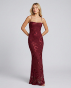 Women's fitted floral appliqué maxi dress with spaghetti straps and sheer hem