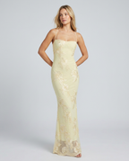 Women's fitted floral appliqué maxi dress with spaghetti straps and sheer hem