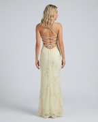 Women's fitted floral appliqué maxi dress with spaghetti straps and sheer hem