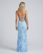 Women's fitted floral appliqué maxi dress with spaghetti straps and sheer hem