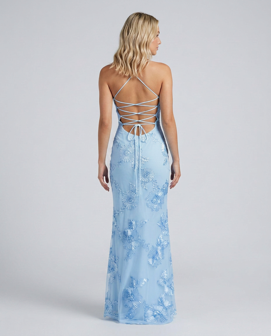Women's fitted floral appliqué maxi dress with spaghetti straps and sheer hem