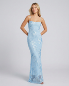Women's fitted floral appliqué maxi dress with spaghetti straps and sheer hem