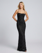 Women's fitted floral appliqué maxi dress with spaghetti straps and sheer hem