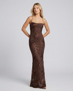 Women's fitted floral appliqué maxi dress with spaghetti straps and sheer hem