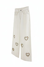 Women's wide leg jeans with embellished heart cutouts