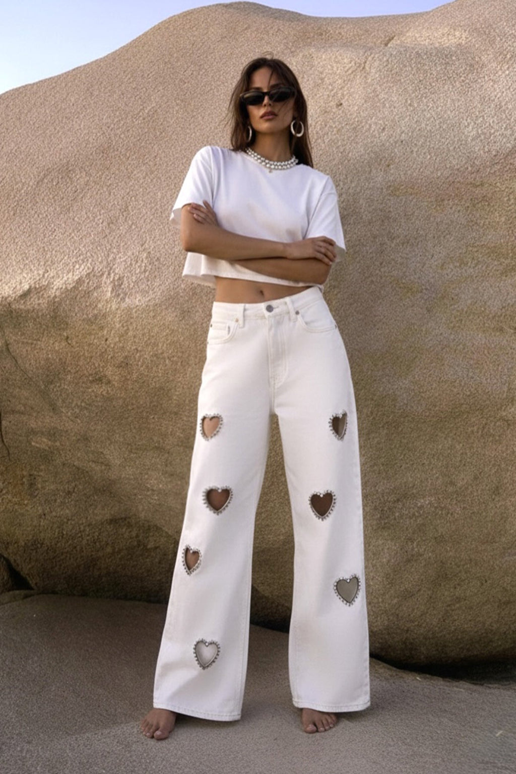 Women's wide leg jeans with embellished heart cutouts