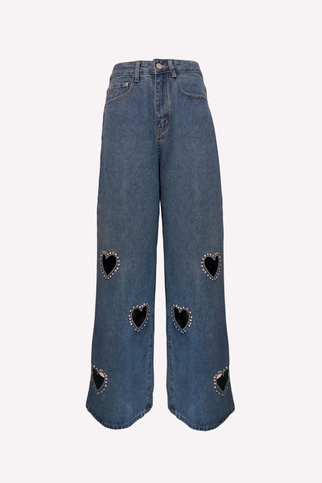 Women's wide leg jeans with embellished heart cutouts