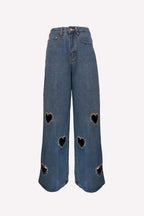 Women's wide leg jeans with embellished heart cutouts