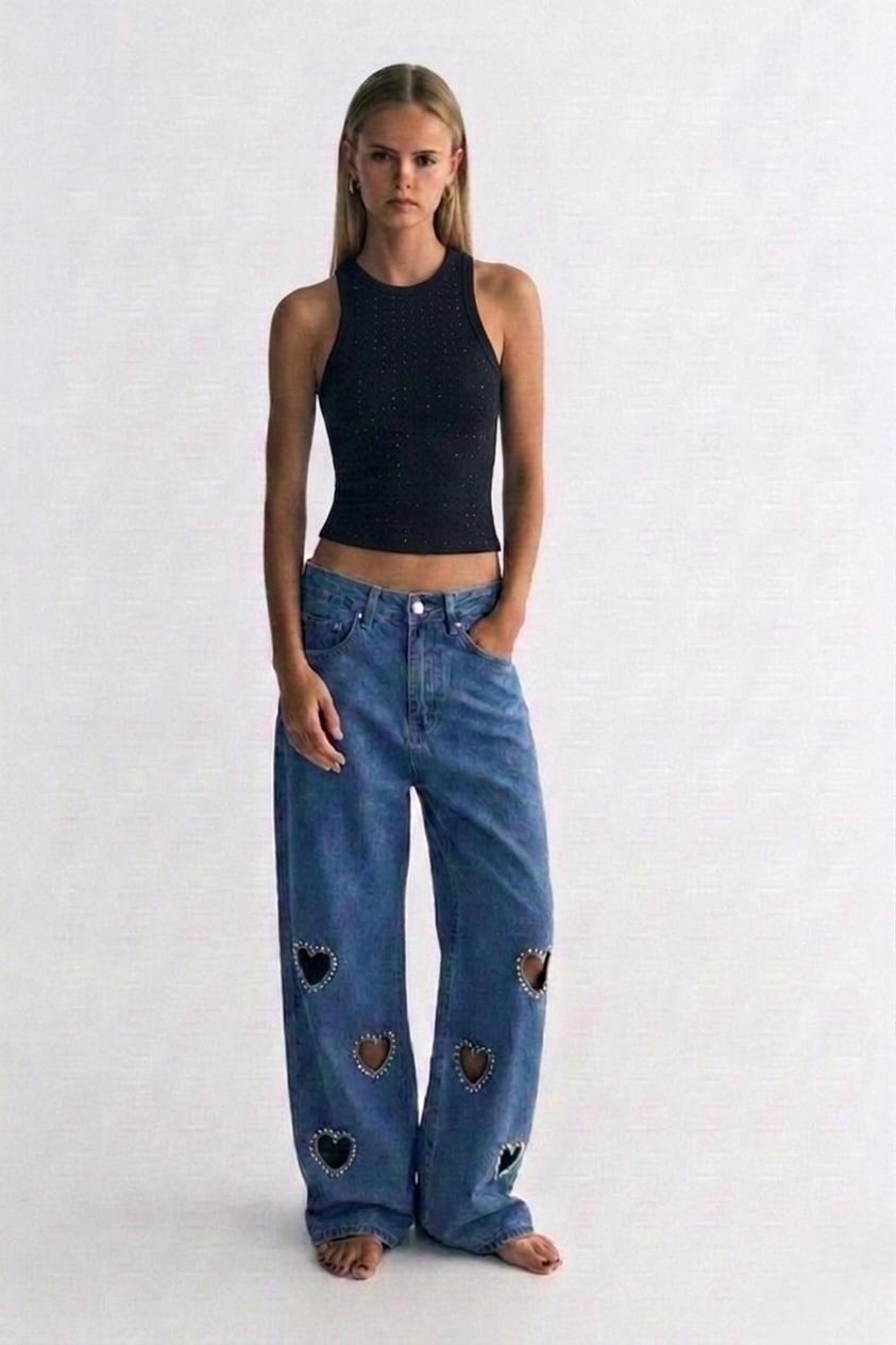 Women's wide leg jeans with embellished heart cutouts