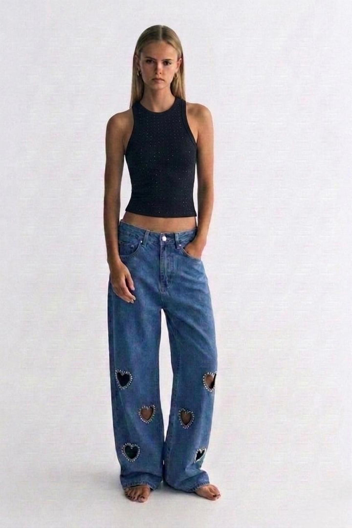 Women's wide leg jeans with embellished heart cutouts