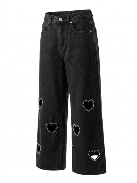Women's wide leg jeans with embellished heart cutouts