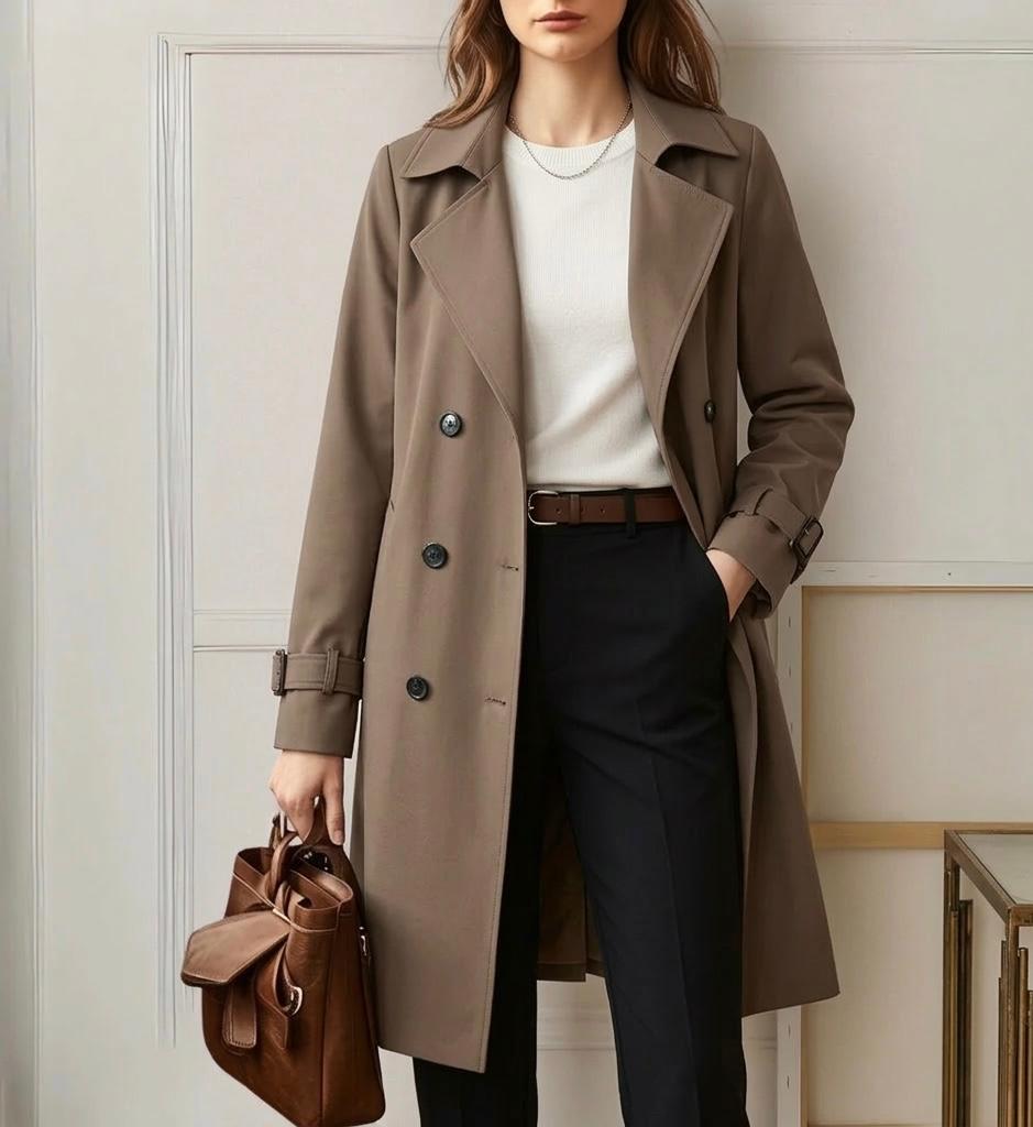 Women's khaki double-breasted trench coat with belt