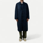 Men's long navy raincoat with collar and button front