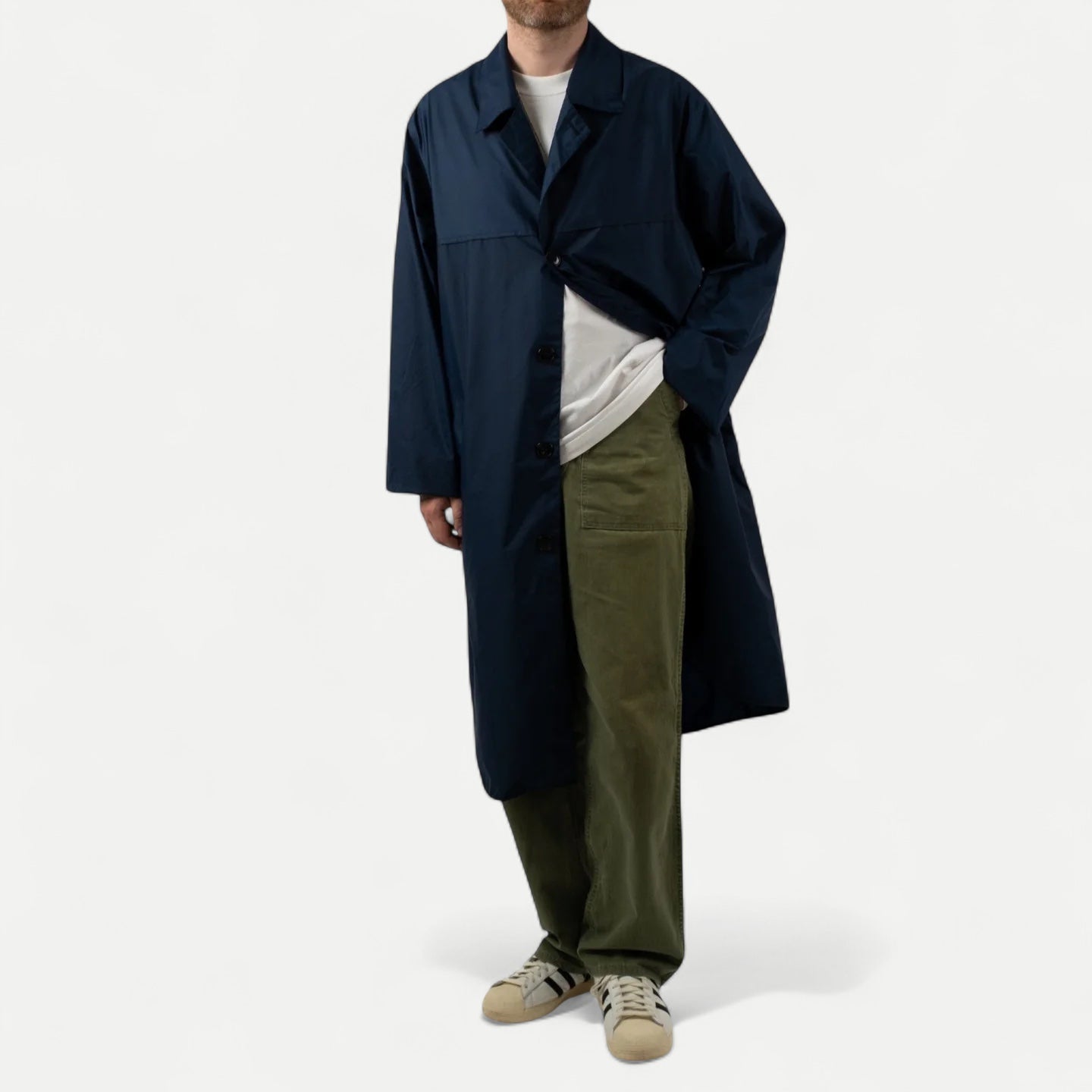 Men's long navy raincoat with collar and button front