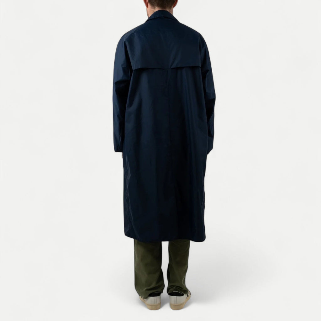 Men's long navy raincoat with collar and button front