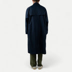 Men's long navy raincoat with collar and button front