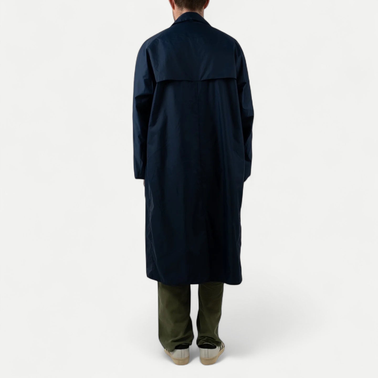 Men's long navy raincoat with collar and button front