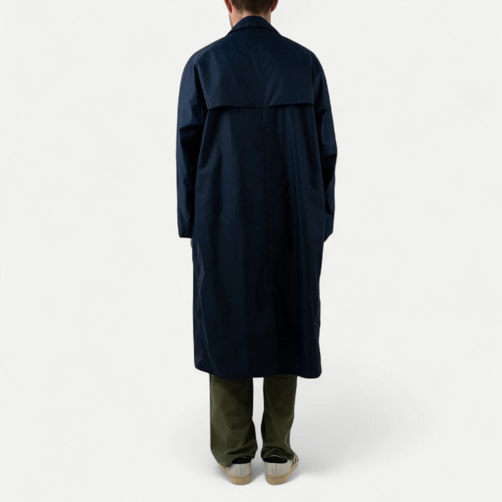 Men's long navy raincoat with collar and button front