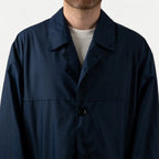 Men's long navy raincoat with collar and button front