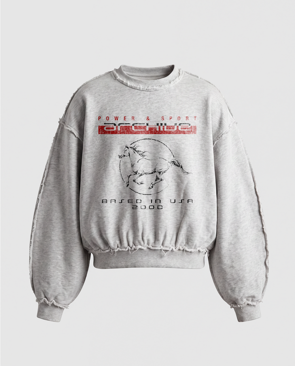 Grey distressed crewneck sweatshirt with horse graphic and long sleeves