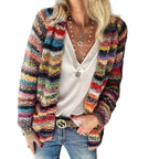 Women's multicoloured striped knit cardigan with V-neck and long sleeves