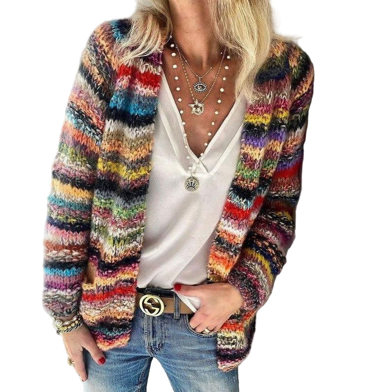 Women's multicoloured striped knit cardigan with V-neck and long sleeves